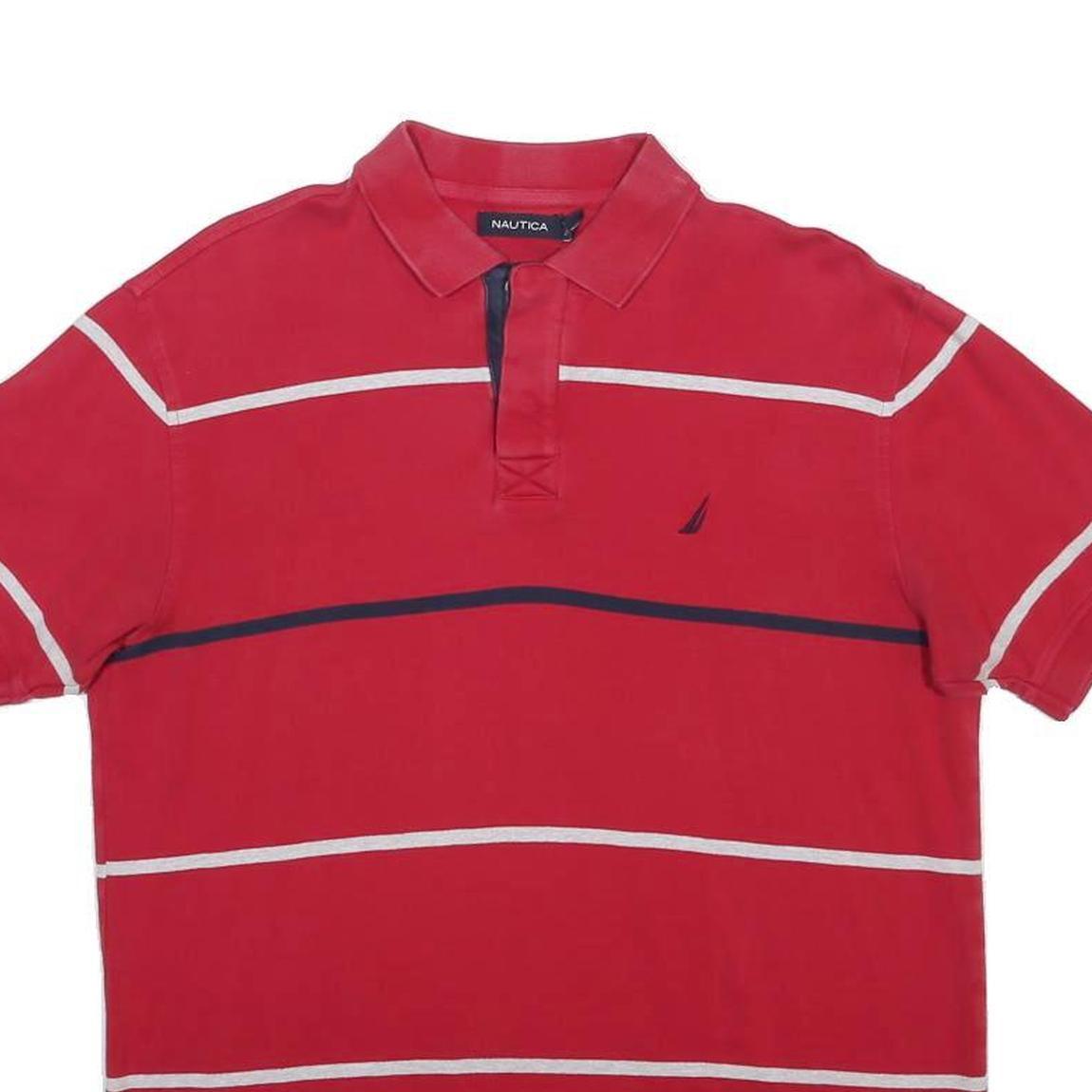 NAUTICA Mens Red & Navy Striped Short Sleeve Polo Shirt M Cotton Blend Casual