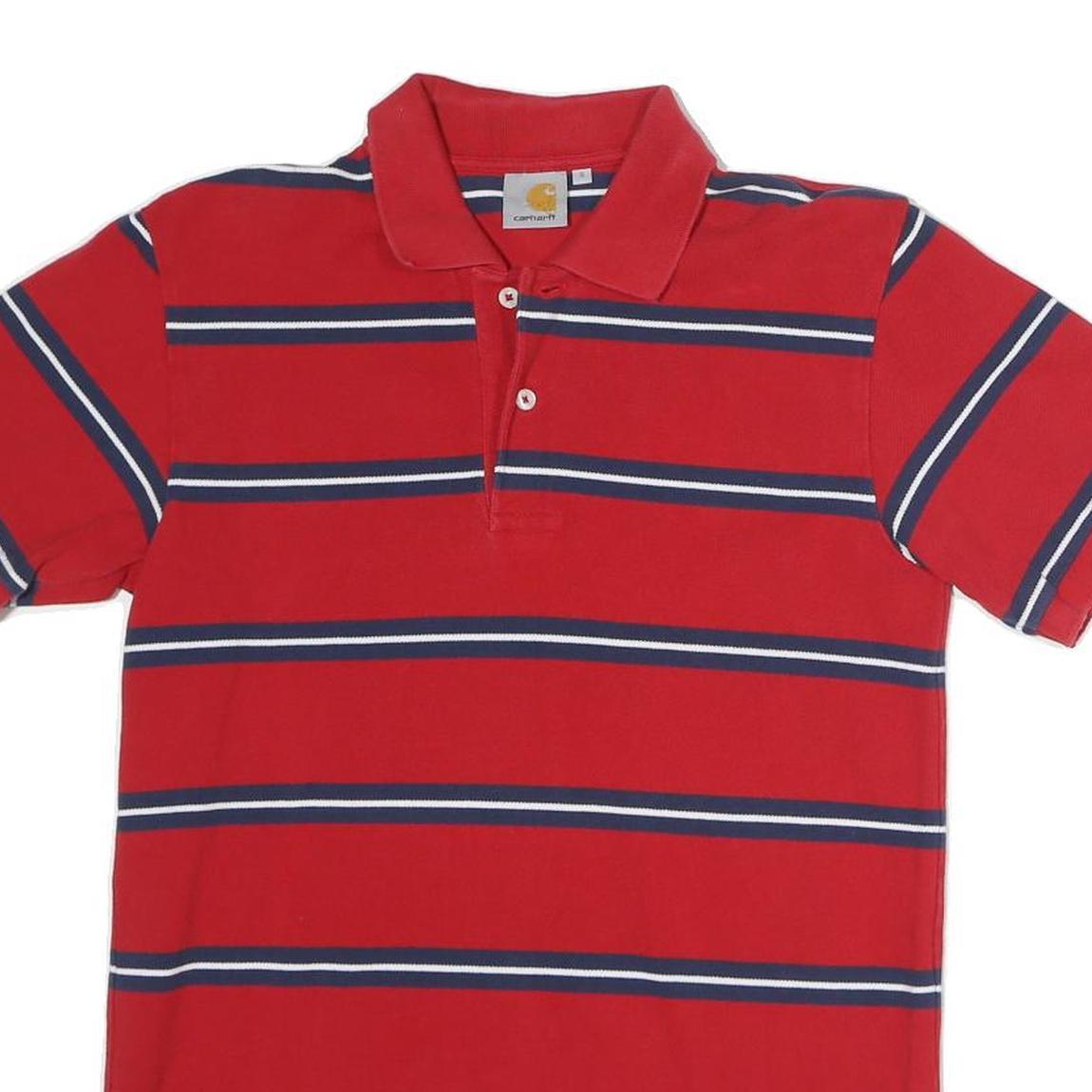 CARHARTT Mens Red & Navy Blue Striped Short Sleeve Polo Shirt S Cotton