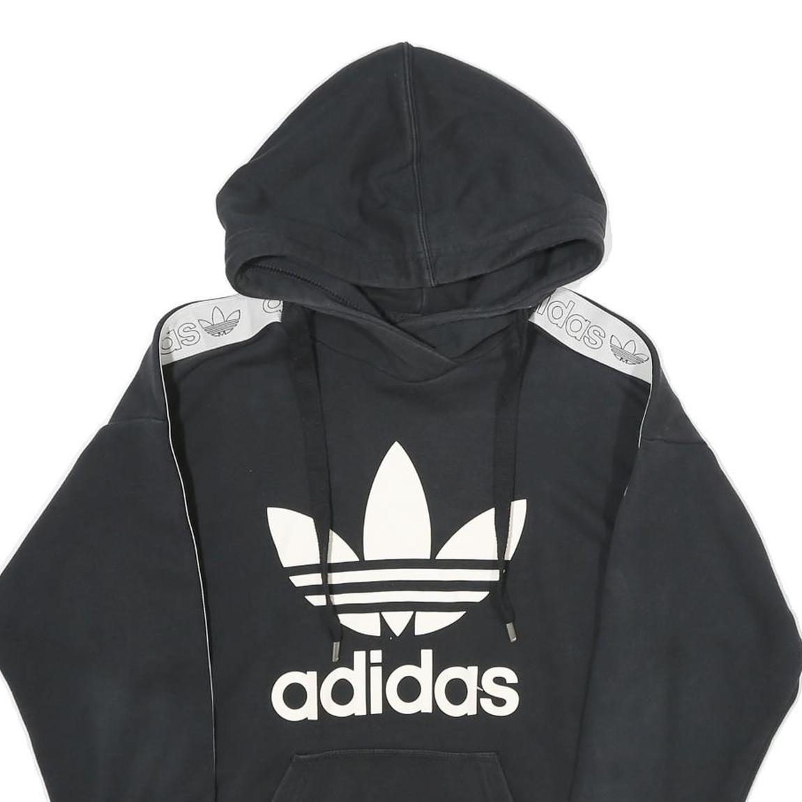 ADIDAS Womens Black Hoodie UK 6 Cotton Blend Logo Print Pullover Hooded