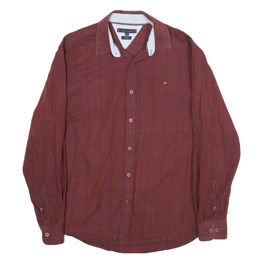 TOMMY HILFIGER Mens Maroon & Red Check Shirt XL Classic Cotton Blend Casual