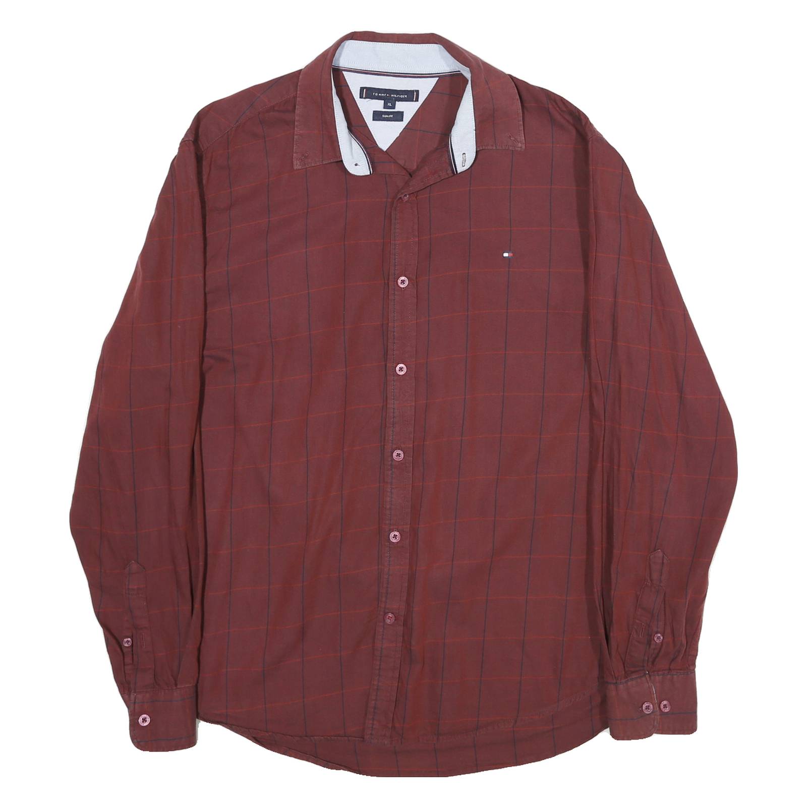 TOMMY HILFIGER Mens Maroon & Red Check Shirt XL Classic Cotton Blend Casual