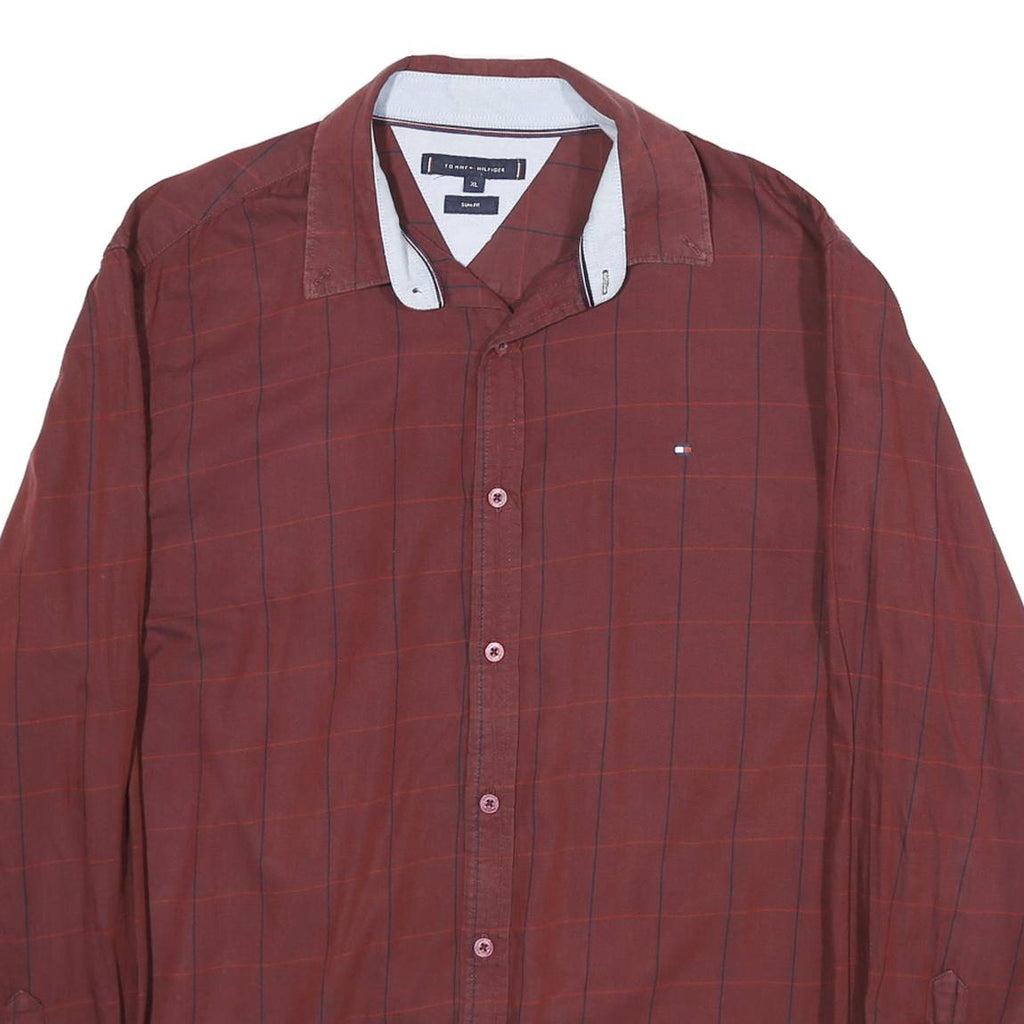 TOMMY HILFIGER Mens Maroon & Red Check Shirt XL Classic Cotton Blend Casual