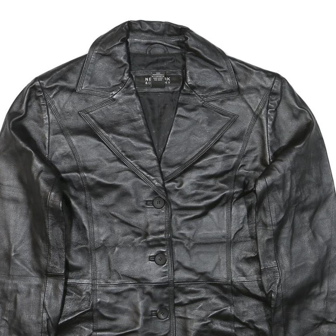 NEW YORK & COMPANY Womens Black Leather Button Jacket M Smooth Plain Timeless