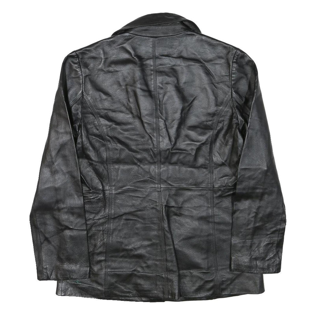 NEW YORK & COMPANY Womens Black Leather Button Jacket M Smooth Plain Timeless