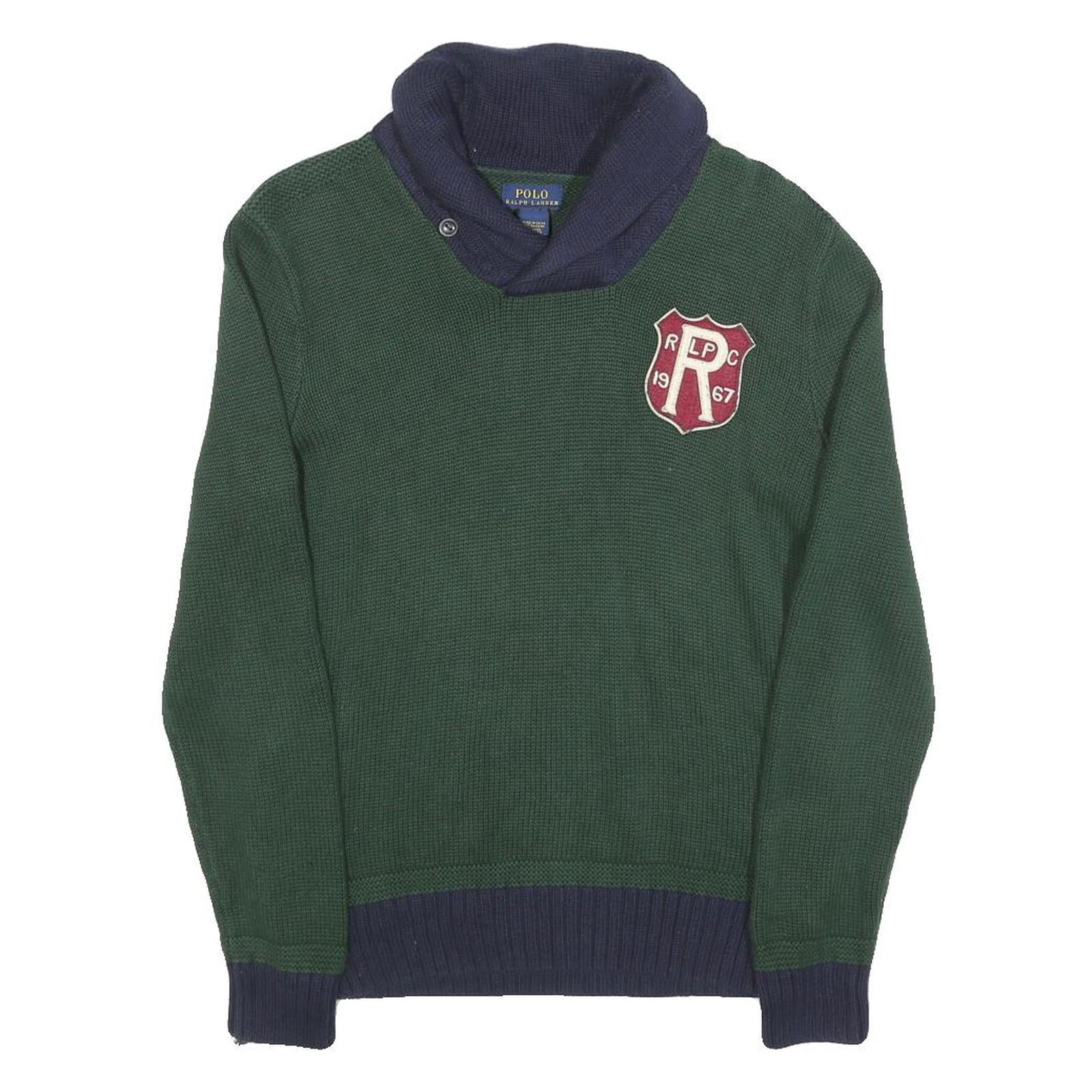 POLO RALPH LAUREN Mens Green & Navy Shawl Collar Patterned Jumper Crew Neck