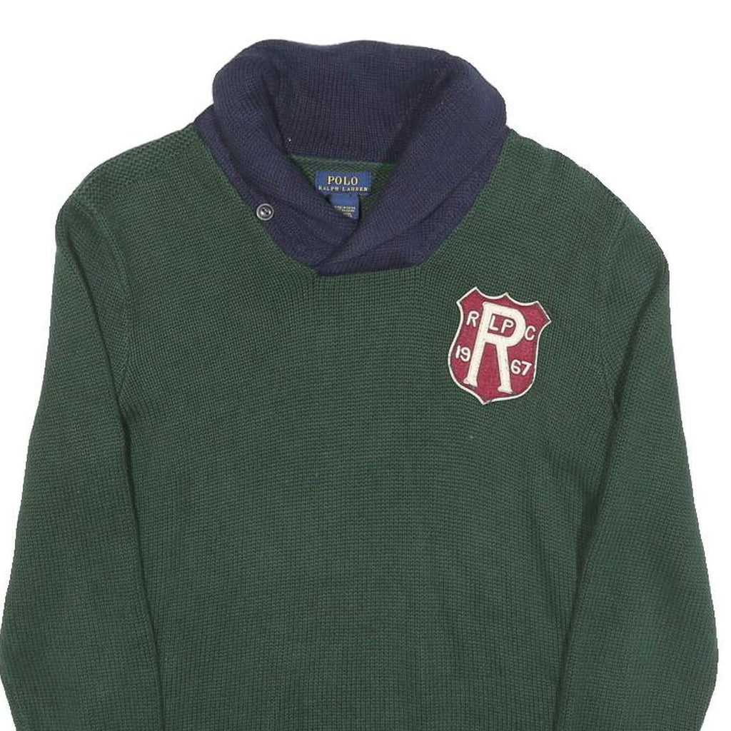 POLO RALPH LAUREN Mens Green & Navy Shawl Collar Patterned Jumper Crew Neck