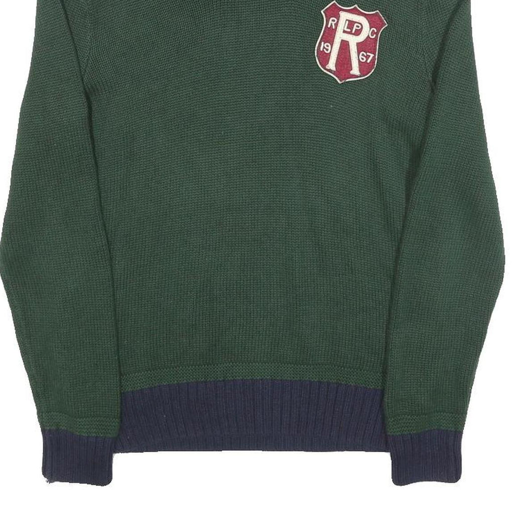 POLO RALPH LAUREN Mens Green & Navy Shawl Collar Patterned Jumper Crew Neck
