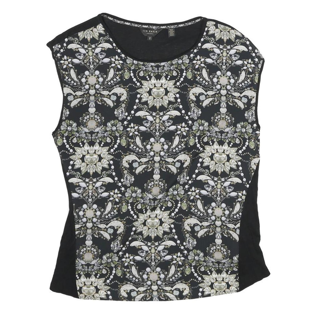 TED BAKER Womens Black Printed Sleeveless Round Neck Top S Viscose Blend