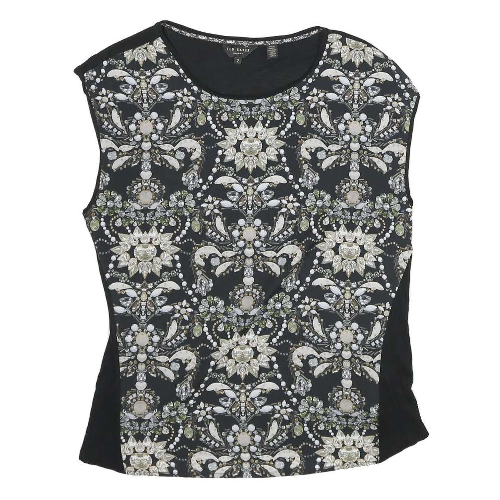 TED BAKER Womens Black Printed Sleeveless Round Neck Top S Viscose Blend