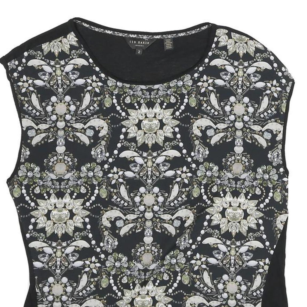TED BAKER Womens Black Printed Sleeveless Round Neck Top S Viscose Blend