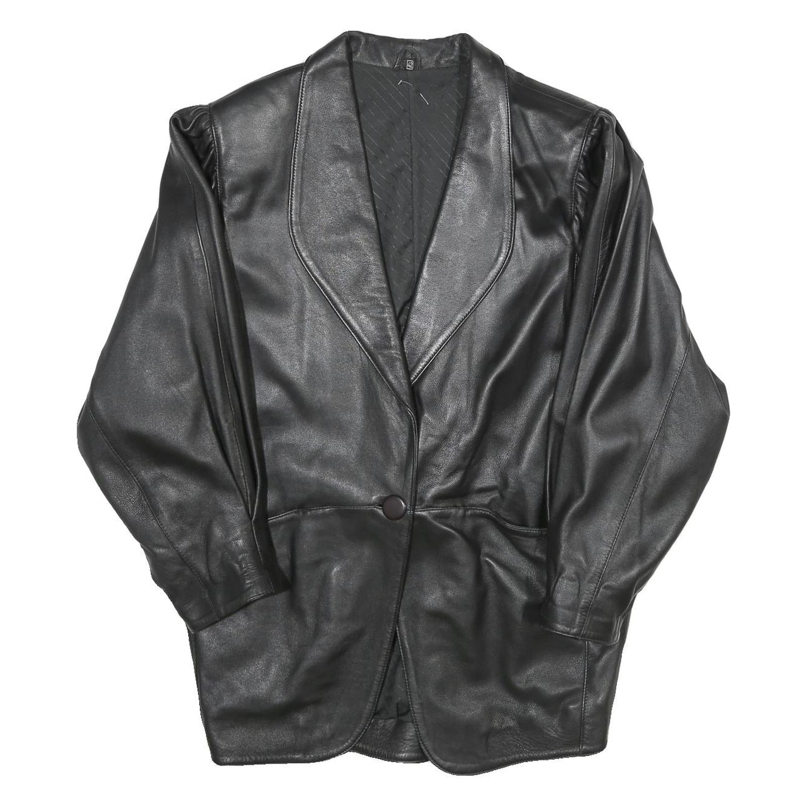 Womens Black Leather Button Jacket UK 14 Classic Plain Stylish Outerwear