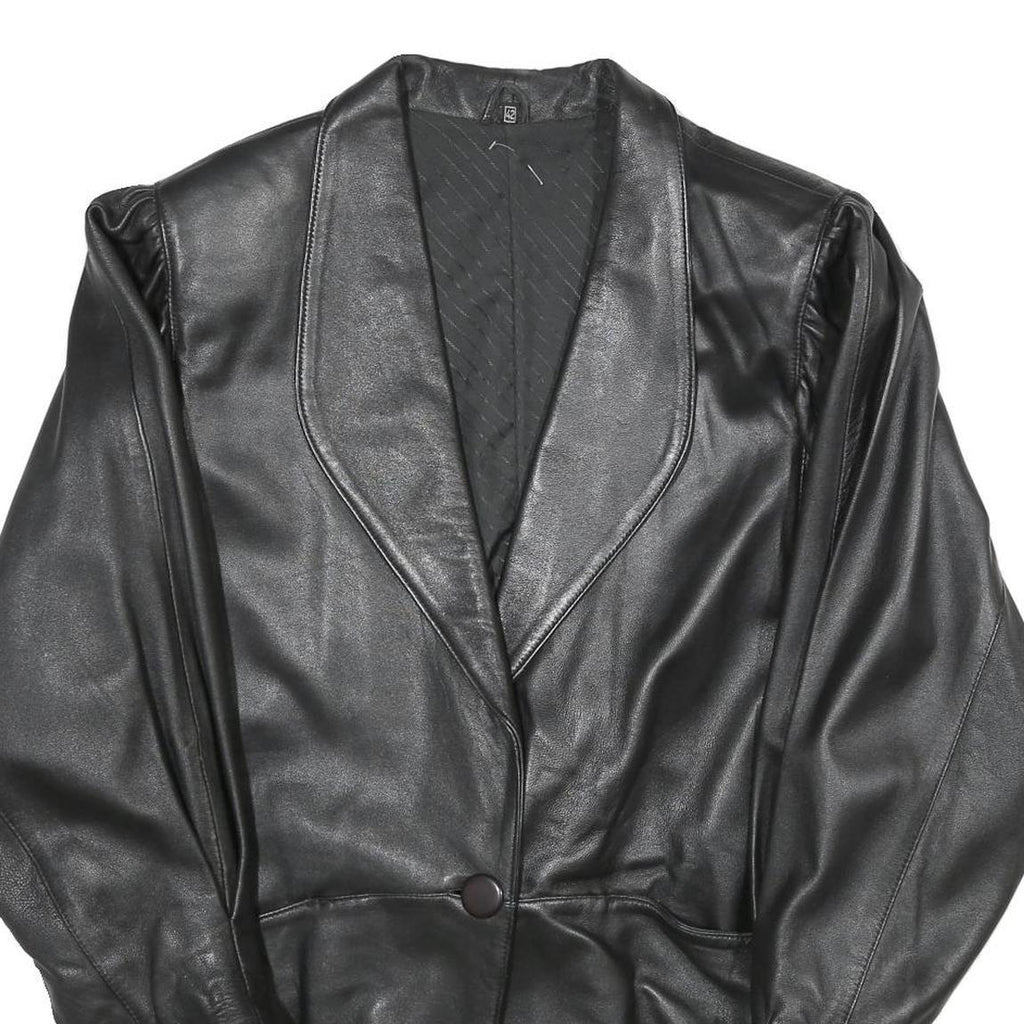 Womens Black Leather Button Jacket UK 14 Classic Plain Stylish Outerwear