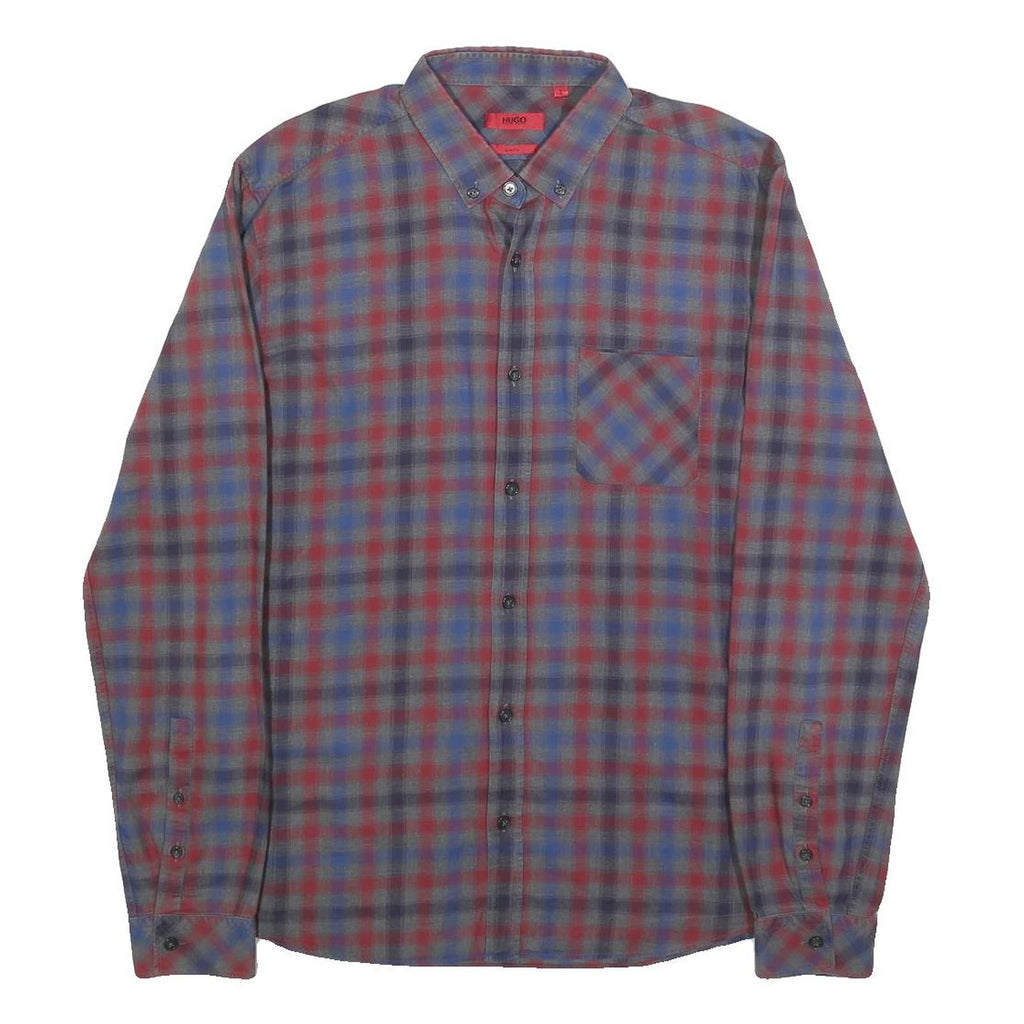 HUGO Mens Blue & Red Check Shirt L Button-Down Collar Long Sleeve Cotton Casual