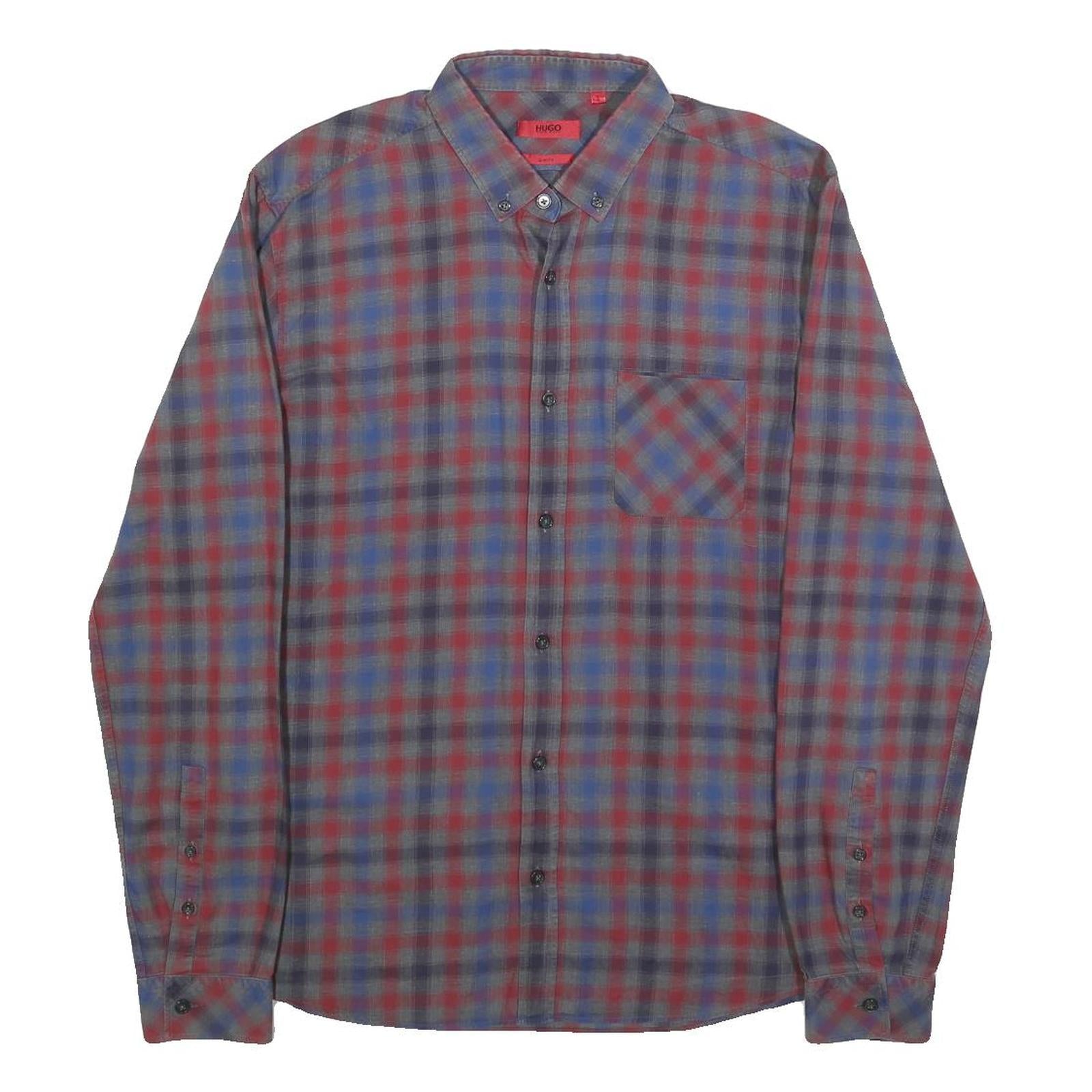HUGO Mens Blue & Red Check Shirt L Button-Down Collar Long Sleeve Cotton Casual
