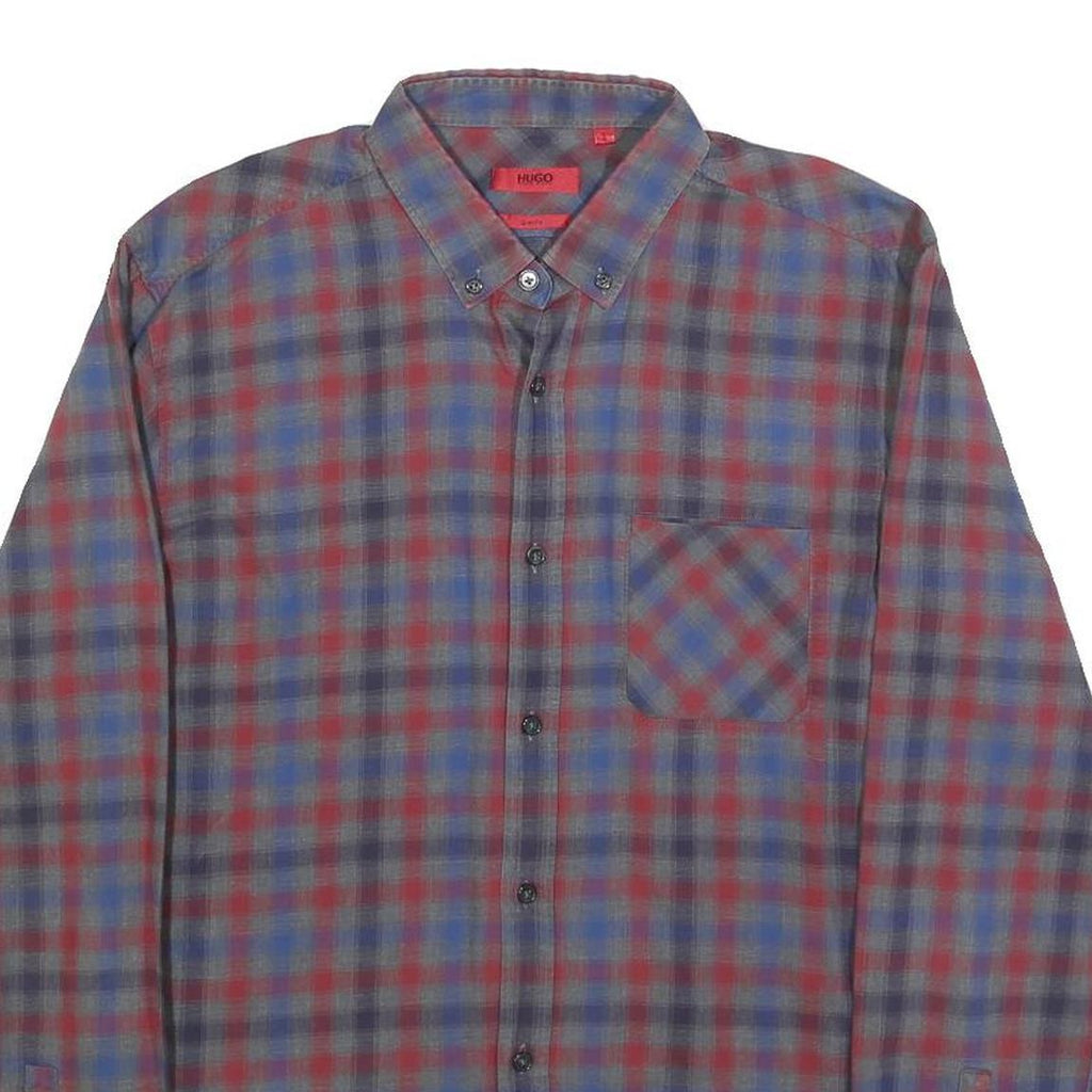 HUGO Mens Blue & Red Check Shirt L Button-Down Collar Long Sleeve Cotton Casual