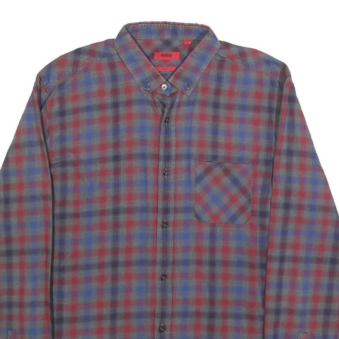 HUGO Mens Blue & Red Check Shirt L Button-Down Collar Long Sleeve Cotton Casual