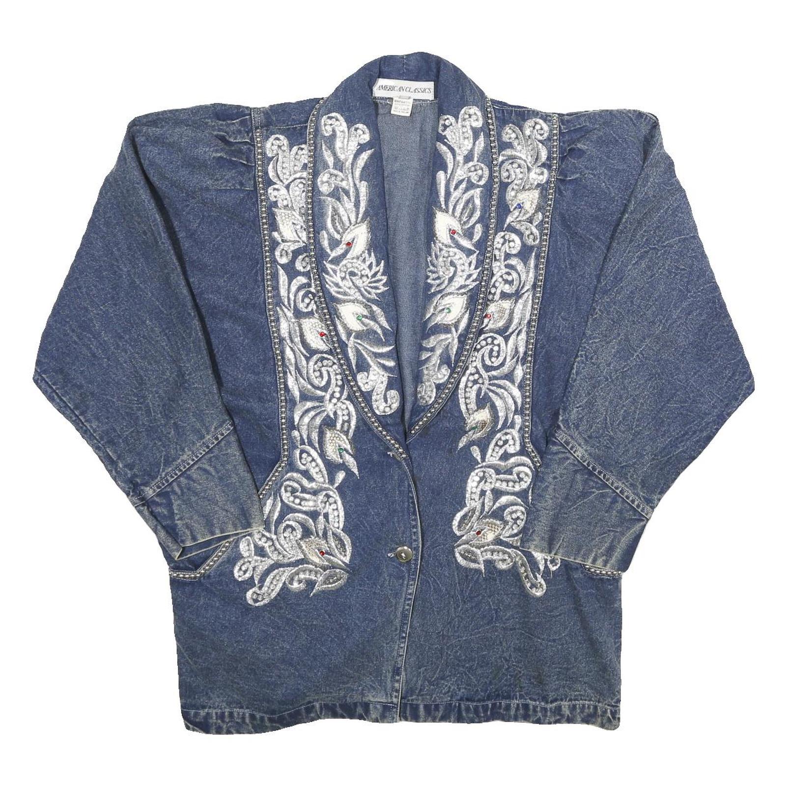 AMERICAN CLASSICS Womens Blue Denim Button Jacket S Embroidered Vintage Style