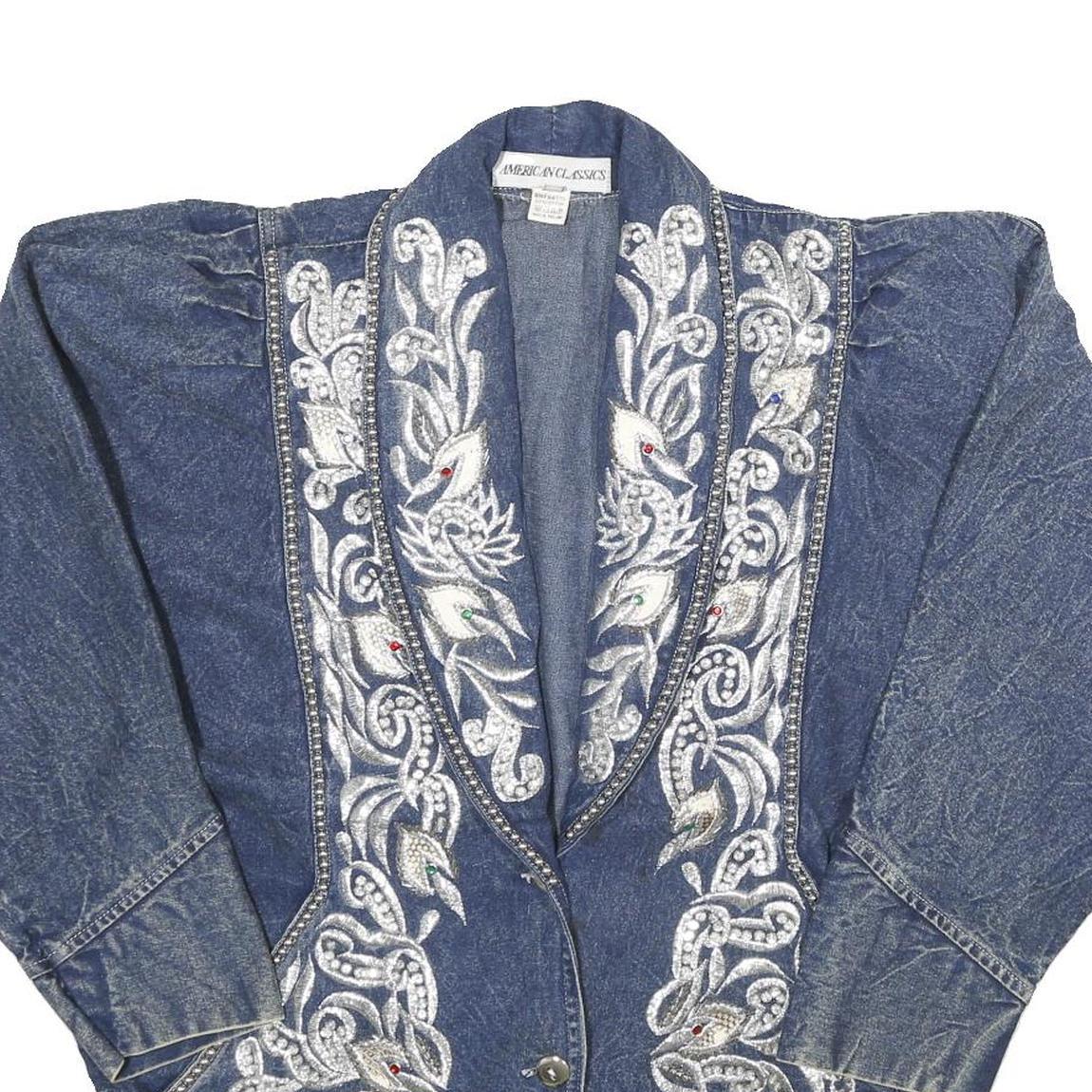 AMERICAN CLASSICS Womens Blue Denim Button Jacket S Embroidered Vintage Style