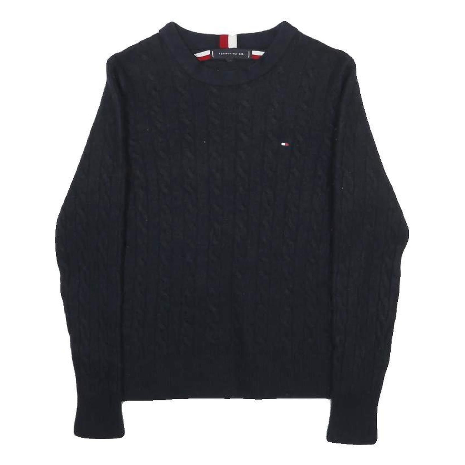 TOMMY HILFIGER Boys Navy Cable Knit Wool Blend Jumper Crew Neck L Classic Style