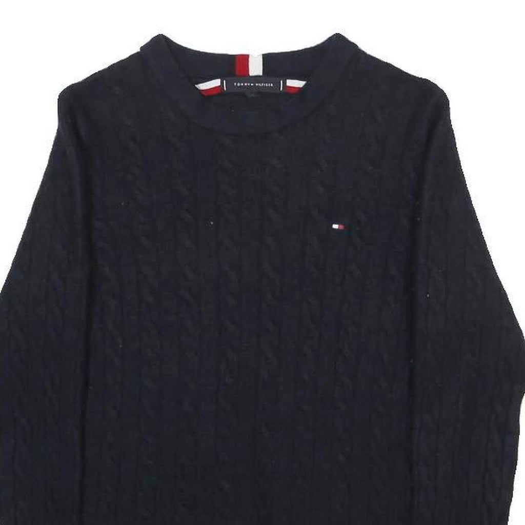 TOMMY HILFIGER Boys Navy Cable Knit Wool Blend Jumper Crew Neck L Classic Style