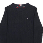 TOMMY HILFIGER Boys Navy Cable Knit Wool Blend Jumper Crew Neck L Classic Style