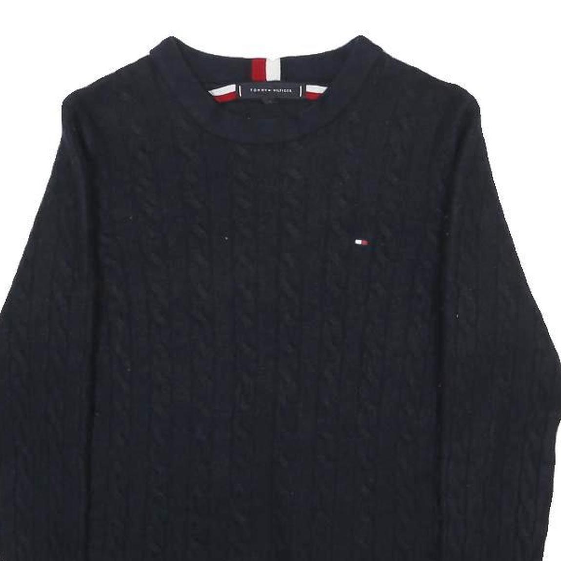 TOMMY HILFIGER Boys Navy Cable Knit Wool Blend Jumper Crew Neck L Classic Style