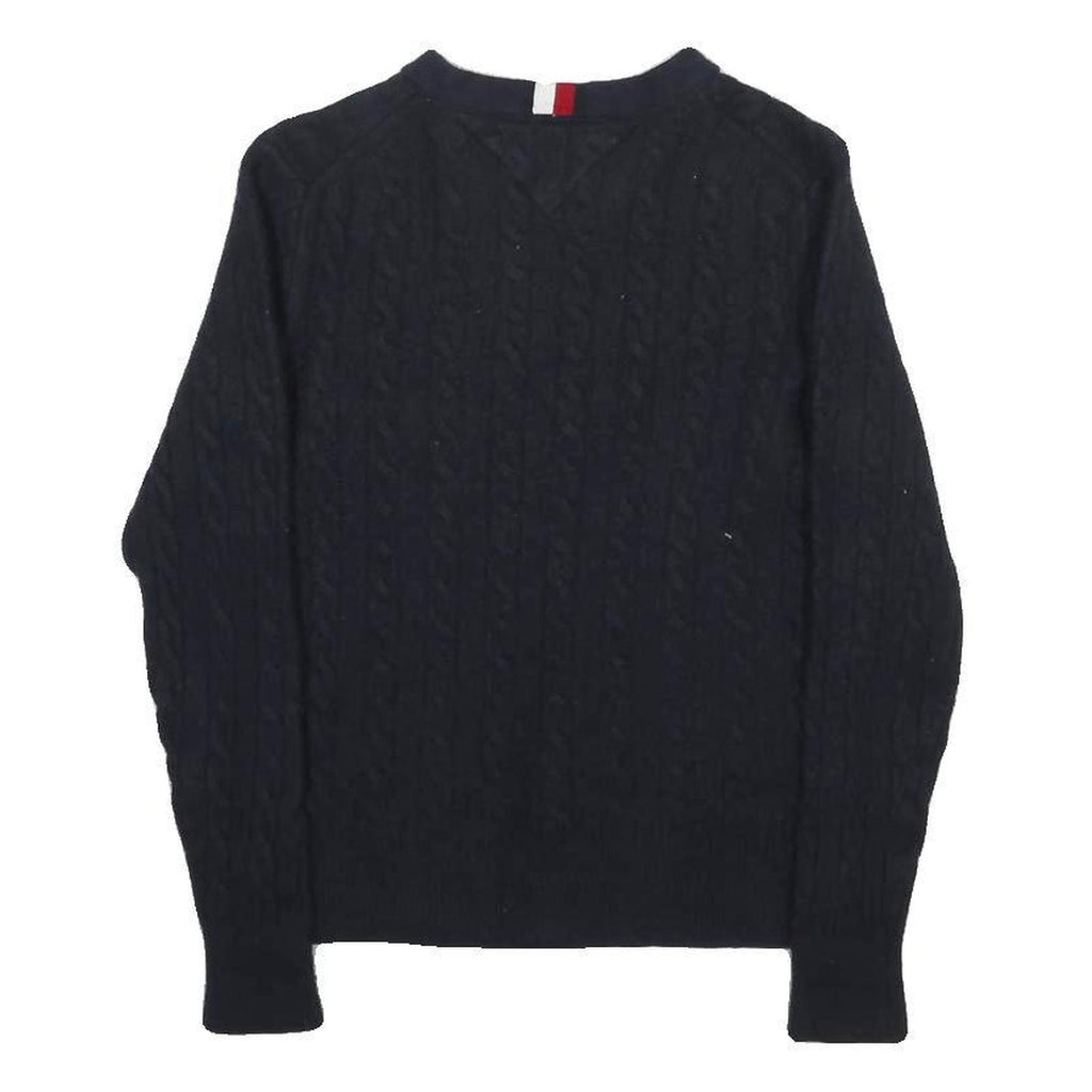 TOMMY HILFIGER Boys Navy Cable Knit Wool Blend Jumper Crew Neck L Classic Style