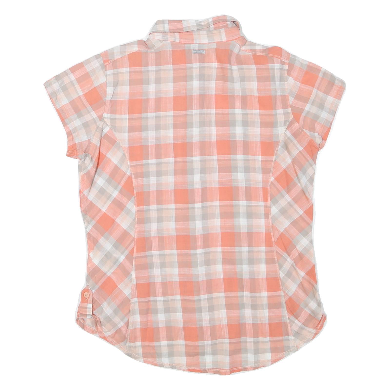 COLUMBIA Womens Peach & White Check Shirt L Short Sleeve Button Casual Summer
