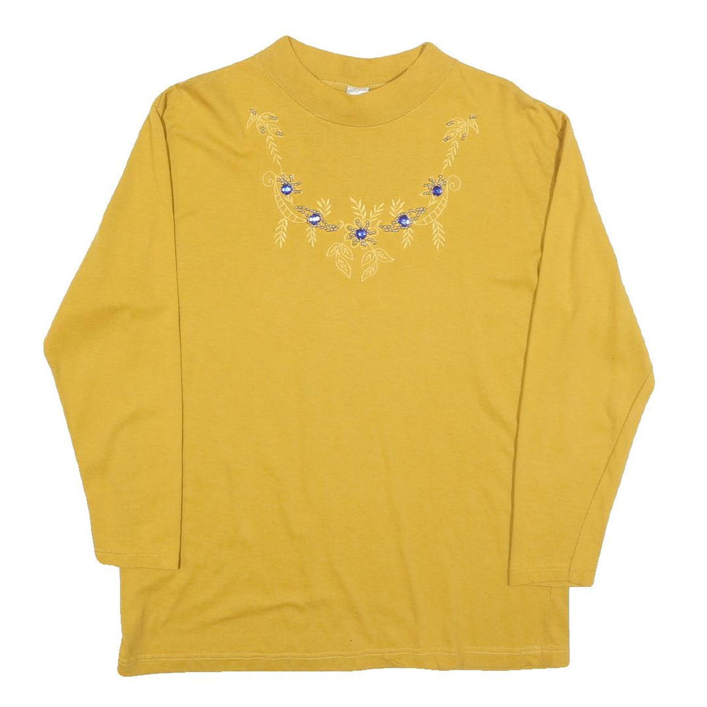 Womens Yellow Cotton Blend Long Sleeve Crew Neck Embroidered M T-Shirt