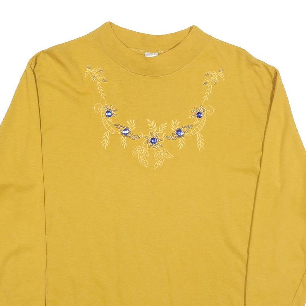 Womens Yellow Cotton Blend Long Sleeve Crew Neck Embroidered M T-Shirt
