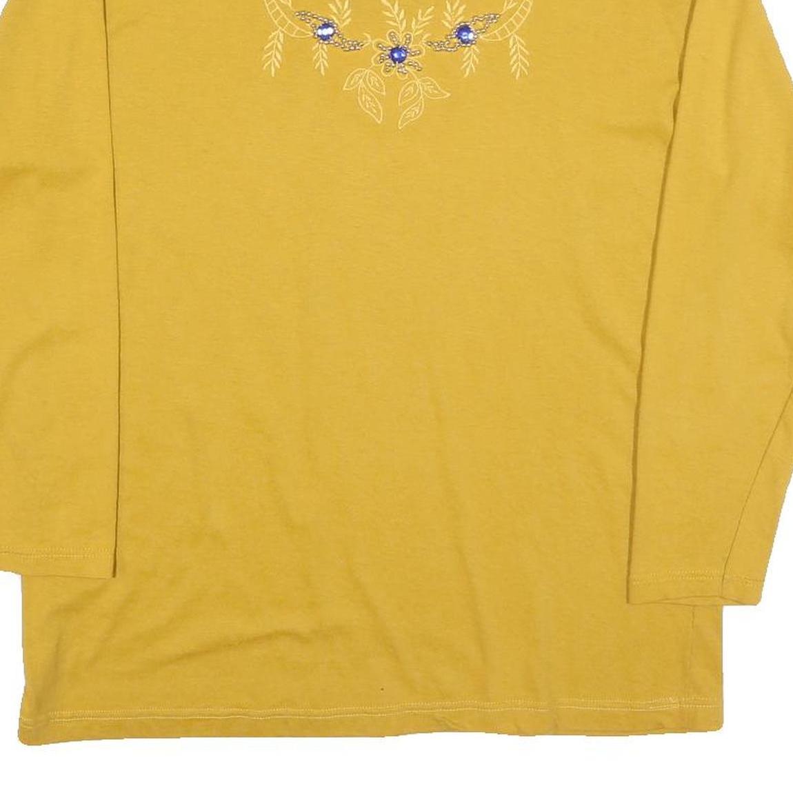 Womens Yellow Cotton Blend Long Sleeve Crew Neck Embroidered M T-Shirt