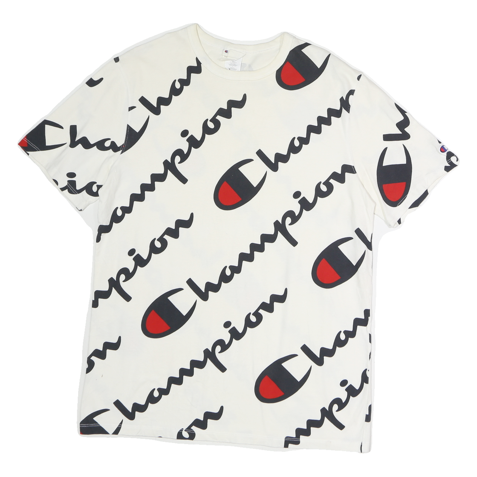 CHAMPION Mens White Black & Red Graphic T-Shirt L Short Sleeve Crew Neck Logo