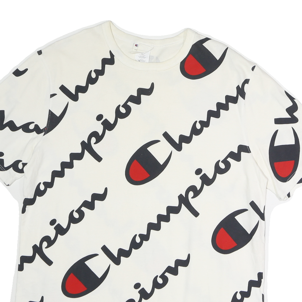 CHAMPION Mens White Black & Red Graphic T-Shirt L Short Sleeve Crew Neck Logo