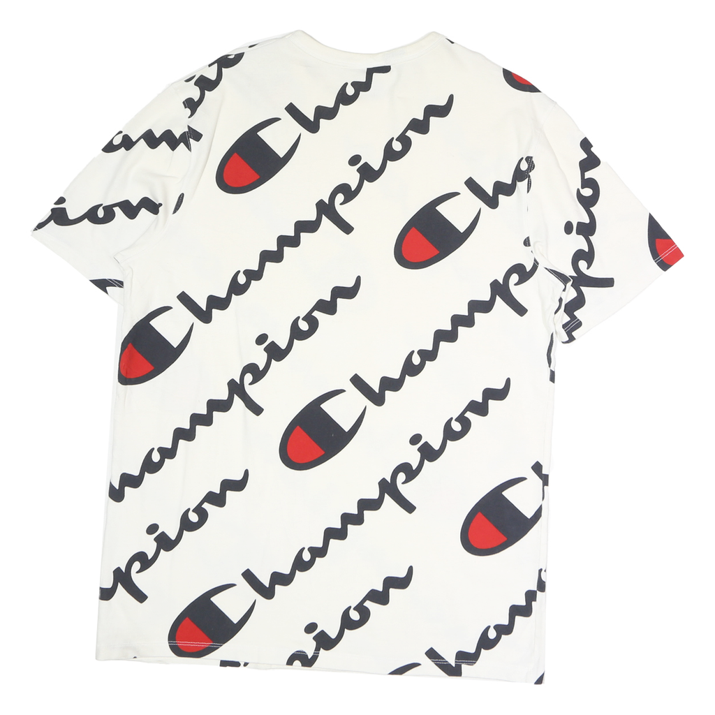 CHAMPION Mens White Black & Red Graphic T-Shirt L Short Sleeve Crew Neck Logo