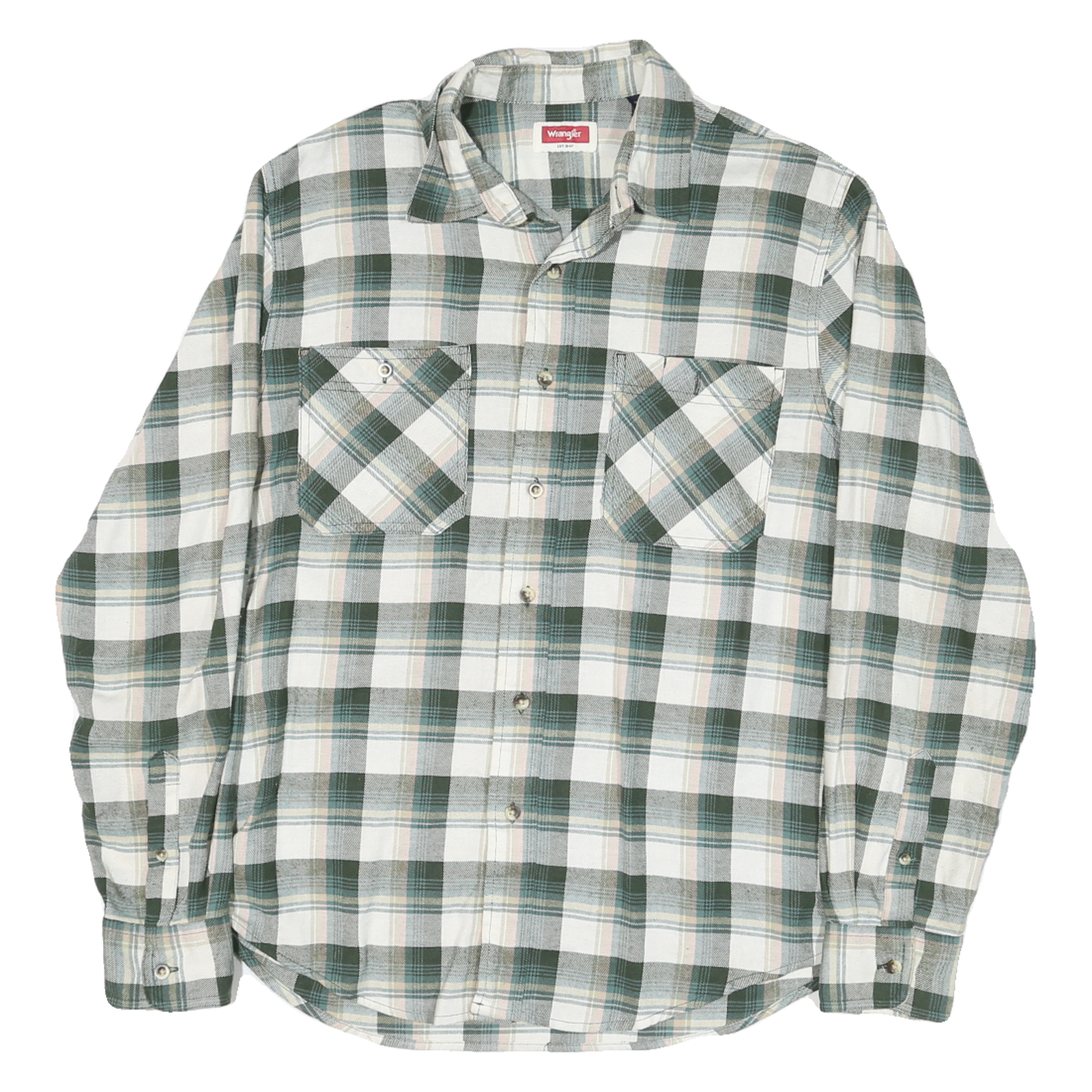 WRANGLER Mens Green & Cream Check Shirt M Casual Cotton Blend Long Sleeve Button
