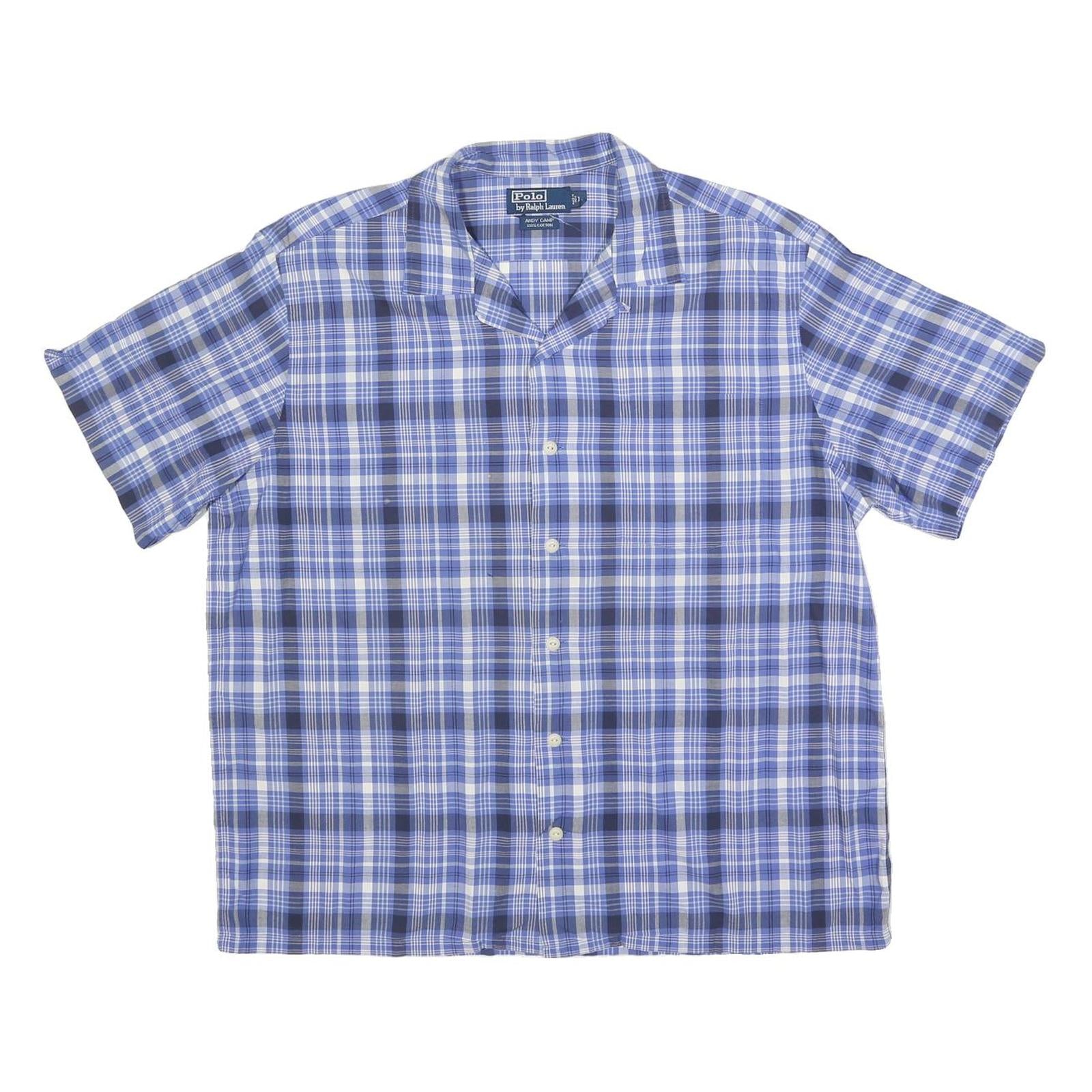POLO RALPH LAUREN Mens Blue & White Check Shirt L Short Sleeve Cotton Blend
