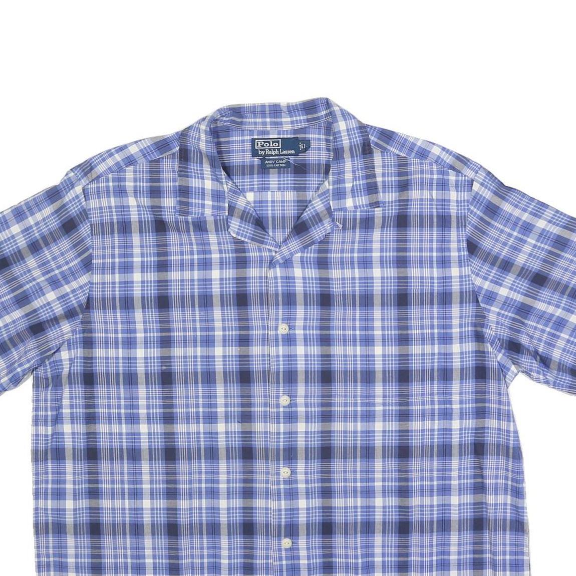 POLO RALPH LAUREN Mens Blue & White Check Shirt L Short Sleeve Cotton Blend