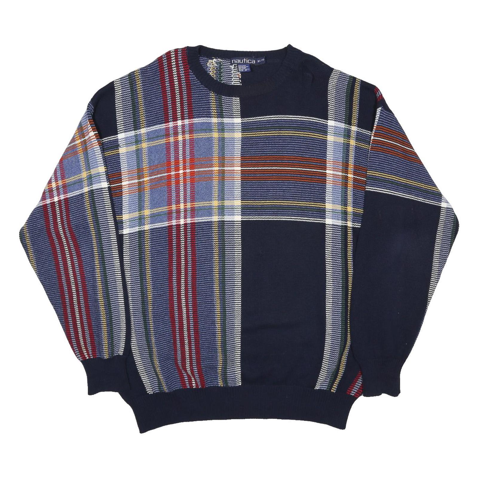 NAUTICA Mens Navy Blue Patterned Cotton Jumper Crew Neck Basic Knit XL Casual