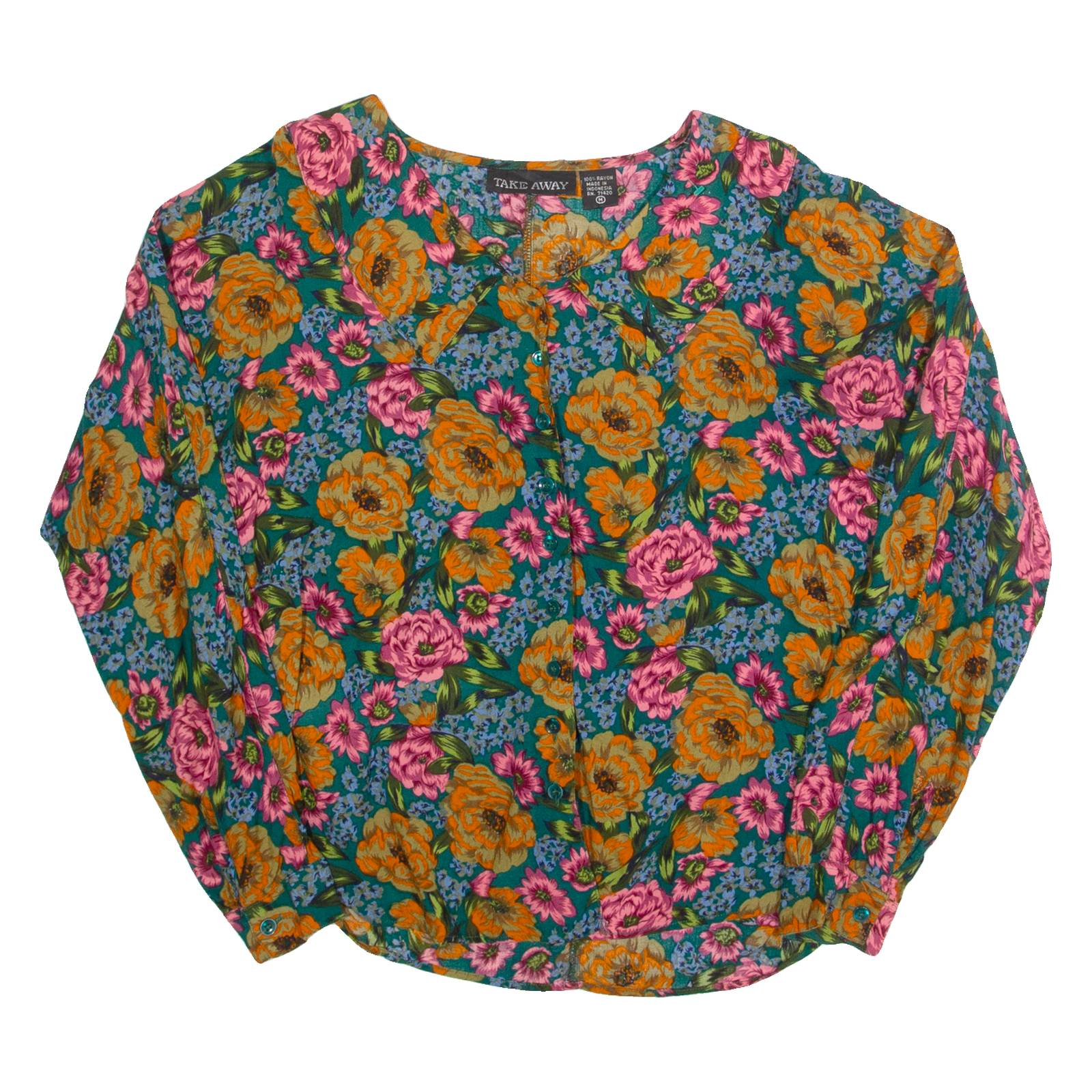TAKEAWAY Womens Printed Shirt Blue Collared Long Sleeve 90s Floral M