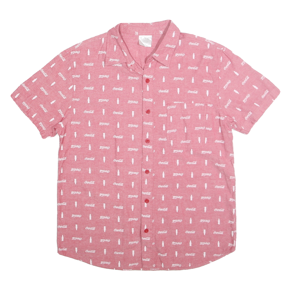 COCA COLA Mens Red & White Printed Cotton Shirt M Button Short Sleeve Casual