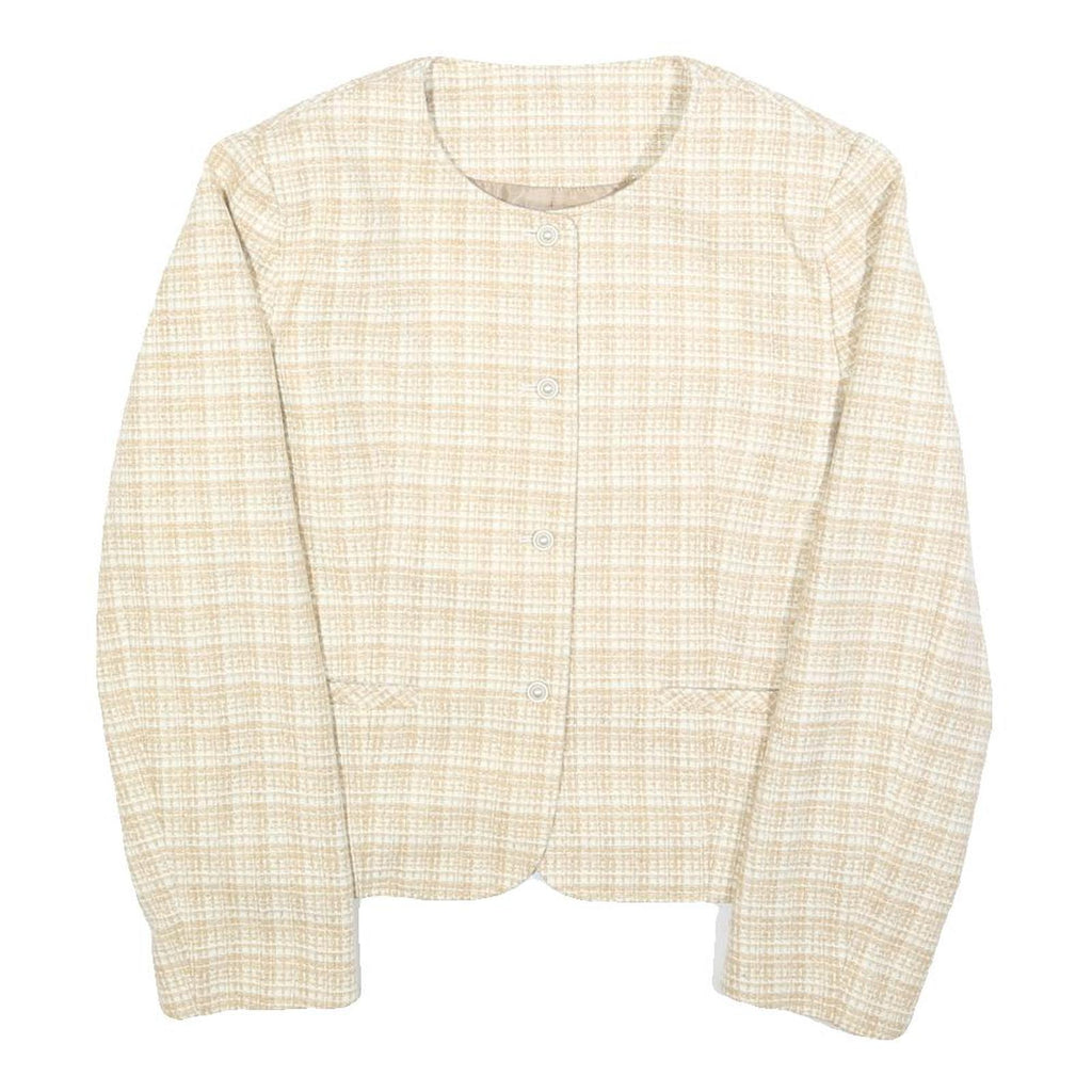 Womens Beige & Cream Checked Button Jacket L Polyester Blend Classic Tailored