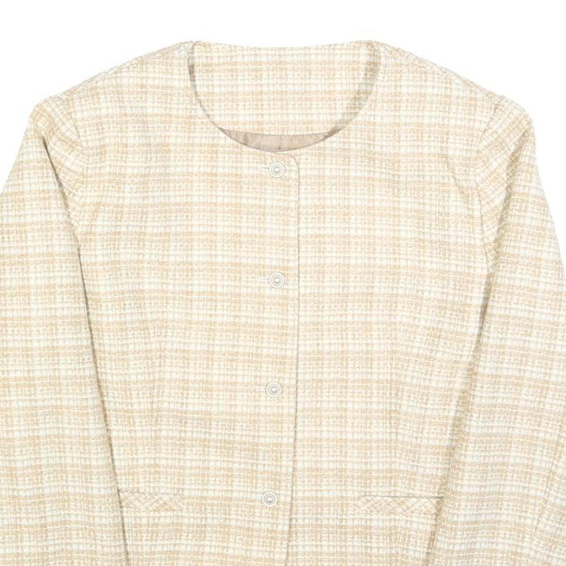 Womens Beige & Cream Checked Button Jacket L Polyester Blend Classic Tailored