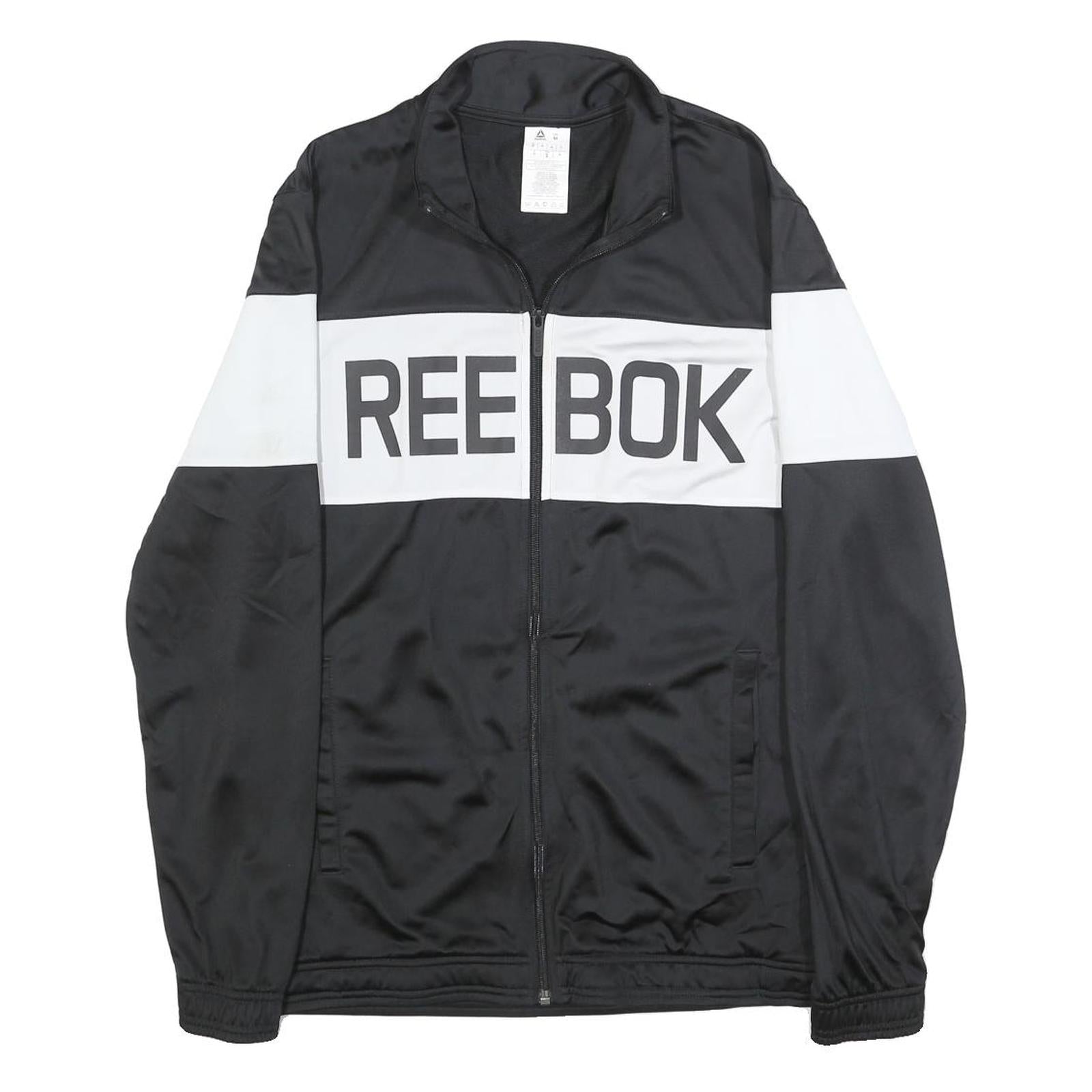REEBOK Mens Black & White Track Jacket M Polyester Zip Plain Sports Casual