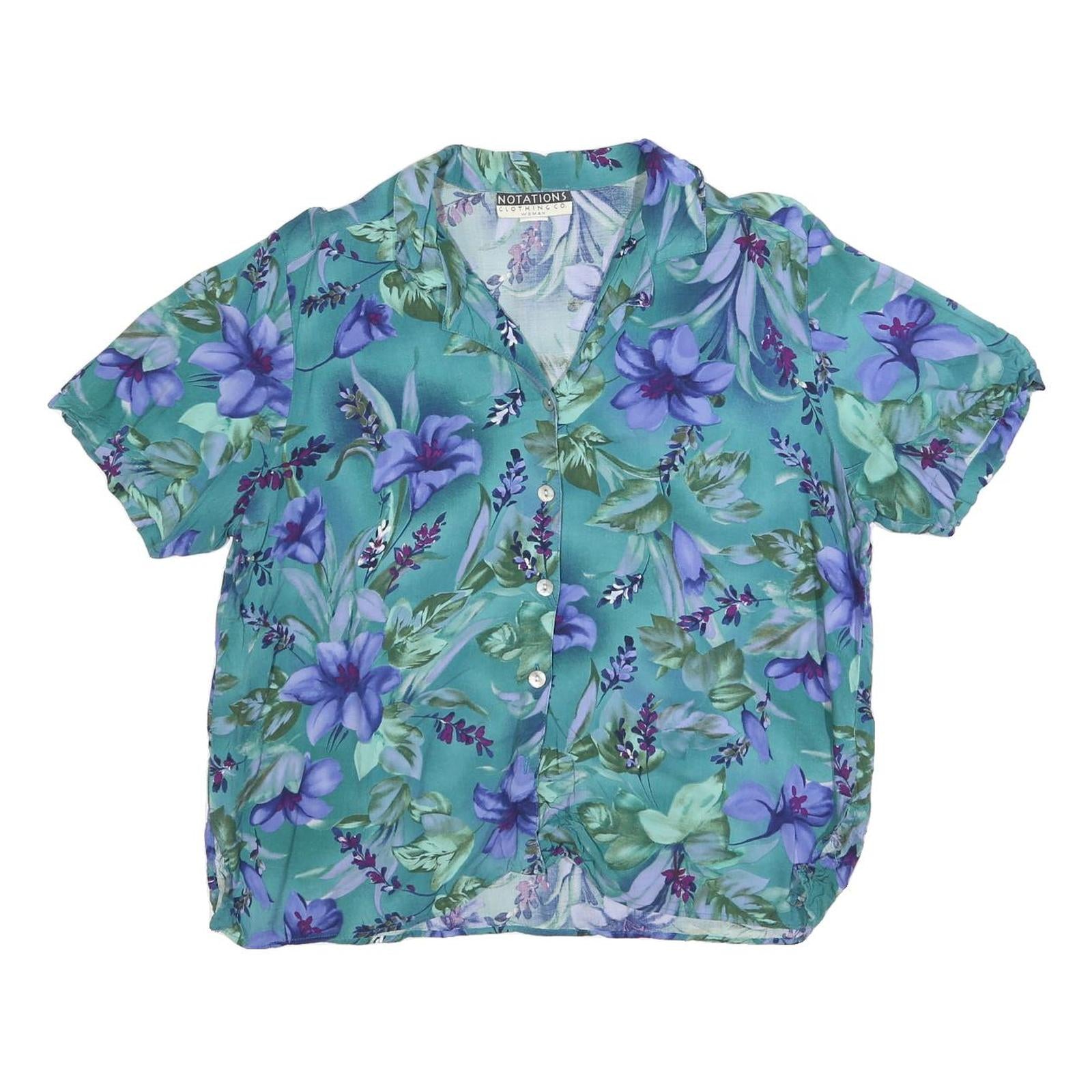 NOTATIONS Womens Green & Purple Floral Short Sleeve Shirt L Lightweight Cotton