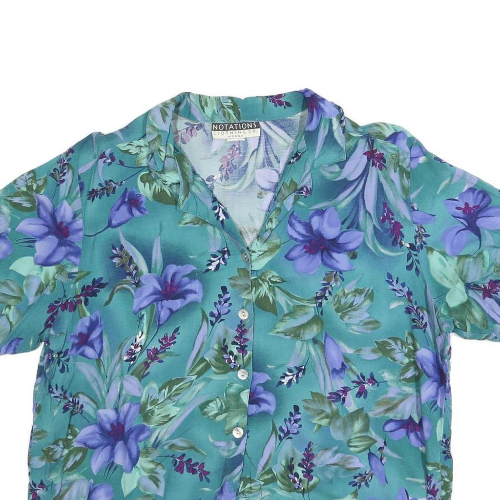 NOTATIONS Womens Green & Purple Floral Short Sleeve Shirt L Lightweight Cotton
