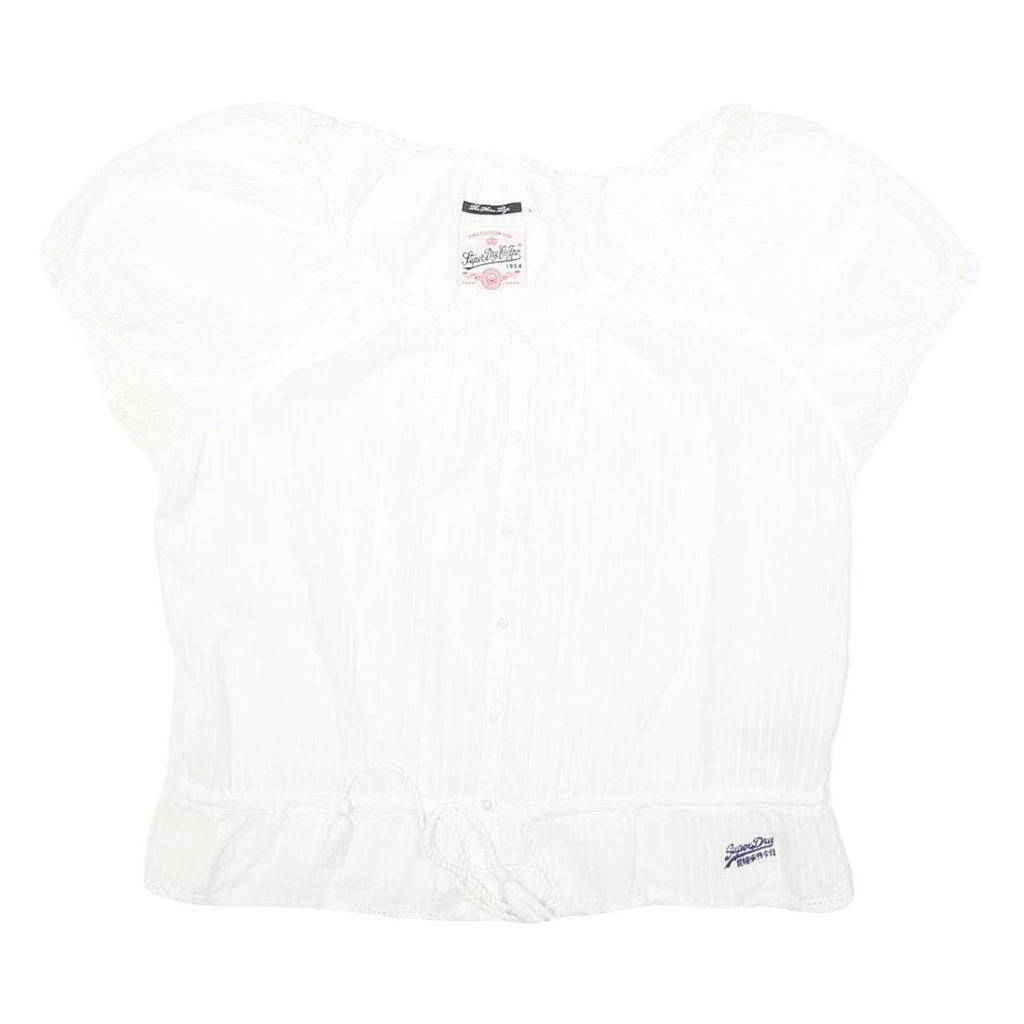 SUPERDRY Womens White Bardot Top Short Sleeve Button Neck Plain L Cotton Blend