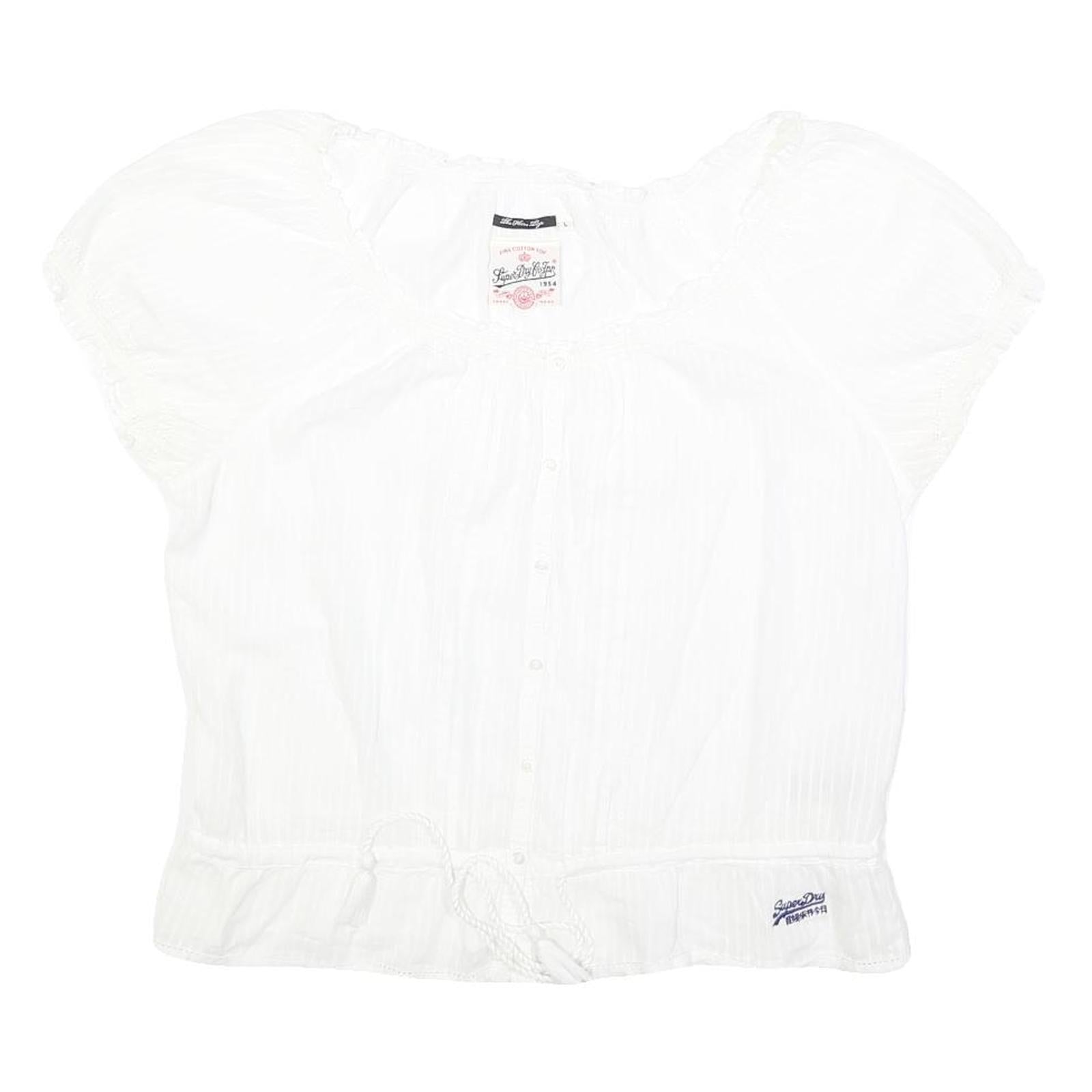 SUPERDRY Womens White Bardot Top Short Sleeve Button Neck Plain L Cotton Blend