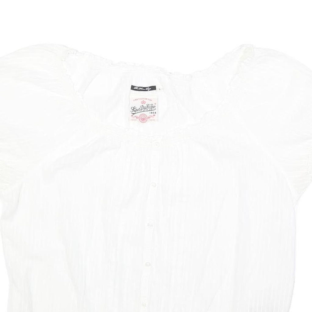 SUPERDRY Womens White Bardot Top Short Sleeve Button Neck Plain L Cotton Blend