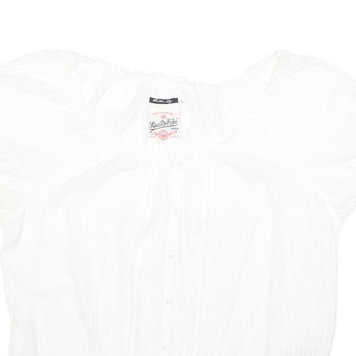 SUPERDRY Womens White Bardot Top Short Sleeve Button Neck Plain L Cotton Blend