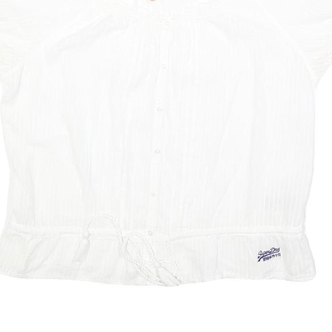 SUPERDRY Womens White Bardot Top Short Sleeve Button Neck Plain L Cotton Blend